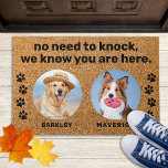 Funny Dogs No Need To Knock Custom 2 Pet Dog Photo Doormat<br><div class="desc">Introducing the perfect door mat for all dog lovers out there! This modern and stylish mat is the ideal way to welcome guests into your home with a touch of humour and cuteness. The faux coir material is both durable and environmentally friendly, while the paw prints and the playful phrase...</div>
