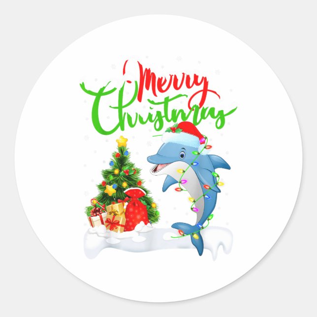 Funny Dolphin Fish Lover Xmas Lighting Dolphin Chr Classic Round Sticker (Front)