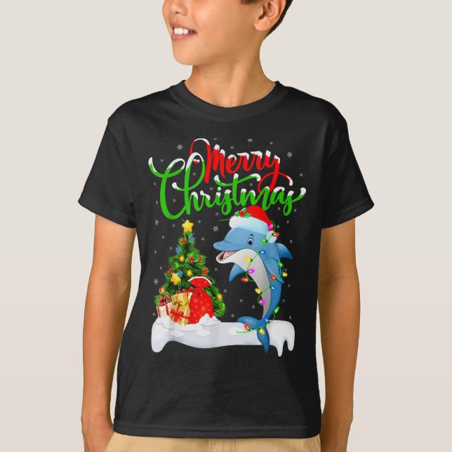 Funny Dolphin Fish Lover Xmas Lighting Dolphin Chr T-Shirt (Front)