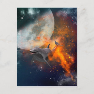 Funny dolphin in the universe postcard