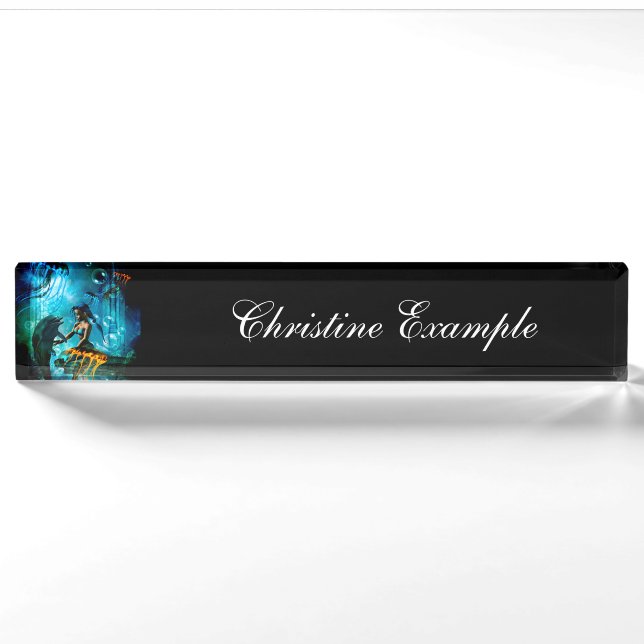 Funny dolphin playing with cute mermaid nameplate (Front)