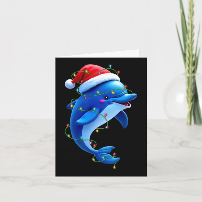 Funny Dolphin Santa Hat Christmas Tree Lights Xmas Card (Front)