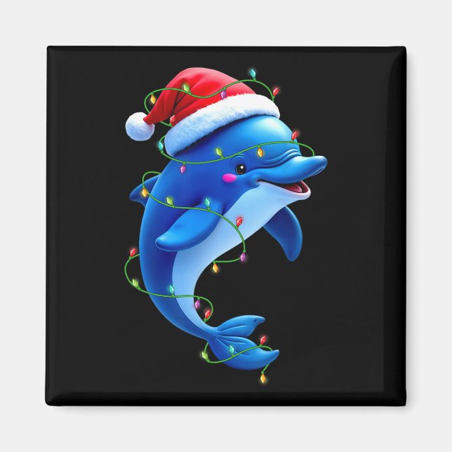 Funny Dolphin Santa Hat Christmas Tree Lights Xmas Magnet (Front)