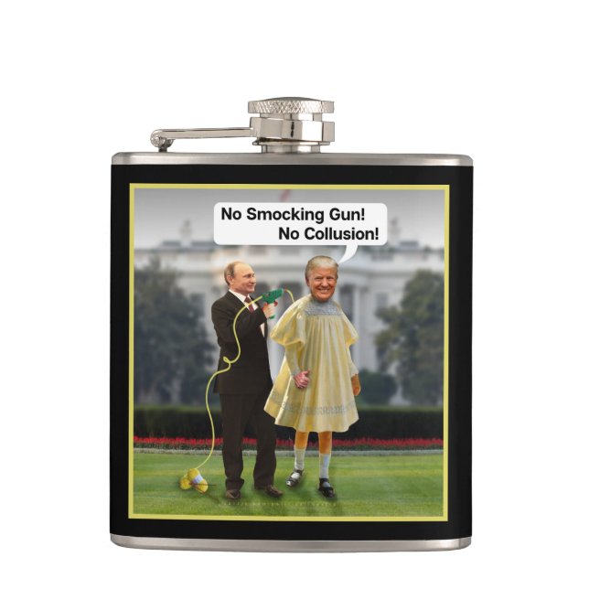 Funny Donald Trump Putin Smocking Gun Joke Hip Flask (Front)