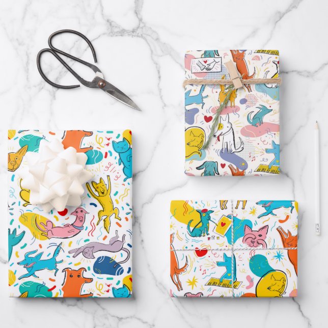 Funny Doodled Dogs Cats Wrapping Paper Set of 3 (Front)
