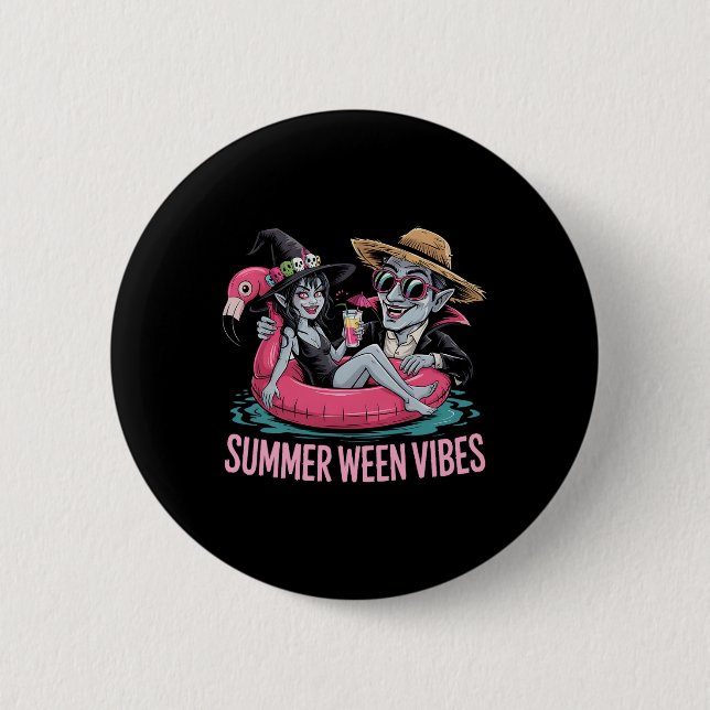 Funny Dracula And Witch Float Halloween Summer Wee 2 Inch Round Button (Front)