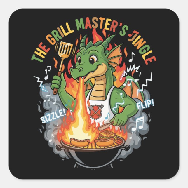  Funny Dragon Grill Master BBQ & Grilling Cartoon Square Sticker (Front)