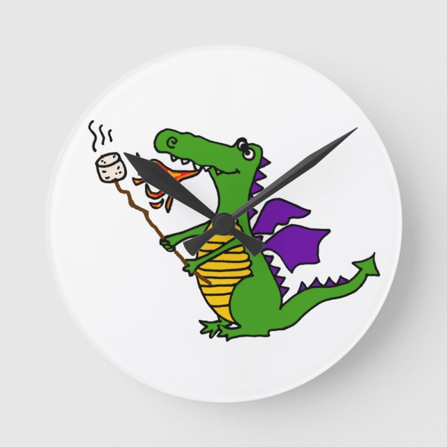 Funny Dragon Roasting Marshmallows Cartoon Round Clock (Front)