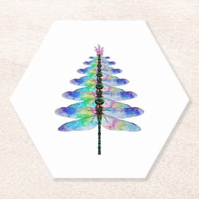 Funny Dragonfly Christmas Tree Paper Coaster (Front)