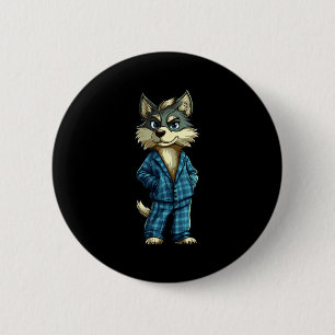 Funny Dreamy Wolf In Pajama Outfit For Sleepy Boys 2 Inch Round Button