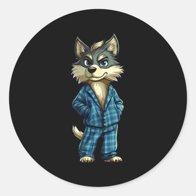 Funny Dreamy Wolf In Pajama Outfit For Sleepy Boys Classic Round Sticker (Front)