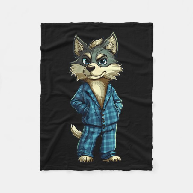 Funny Dreamy Wolf In Pajama Outfit For Sleepy Boys Fleece Blanket (Front)
