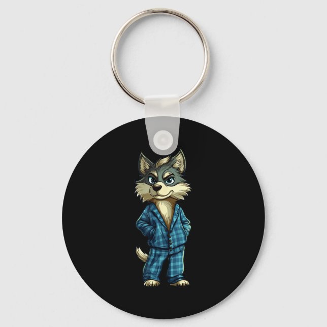 Funny Dreamy Wolf In Pajama Outfit For Sleepy Boys Keychain (Front)