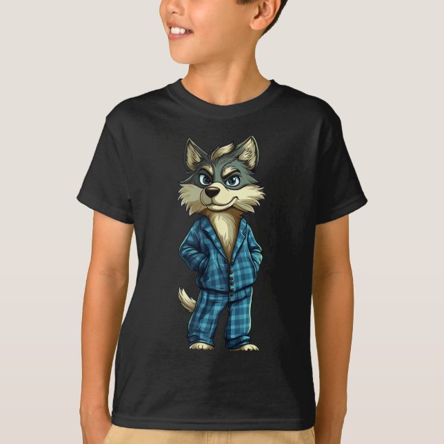 Funny Dreamy Wolf In Pajama Outfit For Sleepy Boys T-Shirt (Front)