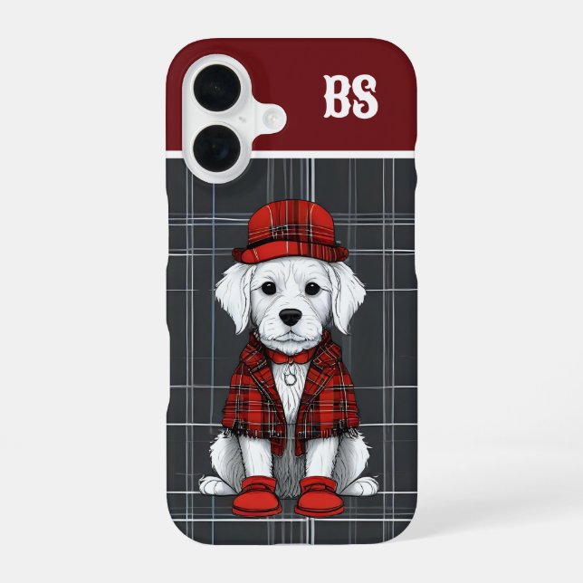 funny dressed up scottish dog - monogram - plaid iPhone 16 case (Back)