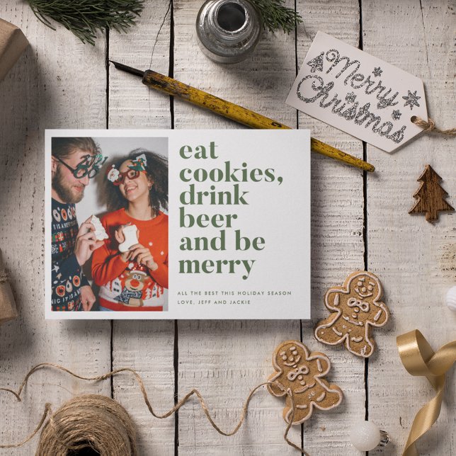 Funny Drink Beer Couple Photo Christmas  Holiday Card (Christmas Eat Cookies Drink Beer Be Merry Photo Holiday Card)
