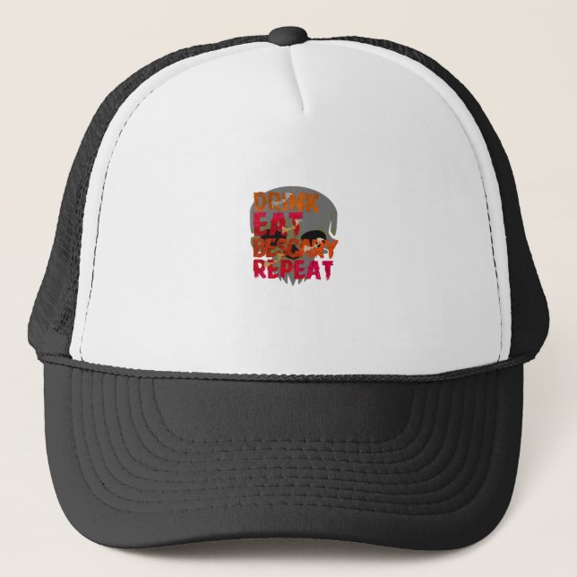 Funny Drink Eat Be Scary Halloween Design Creative Trucker Hat (Front)