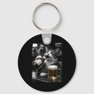 Funny drinking cats at bar white black vintage keychain