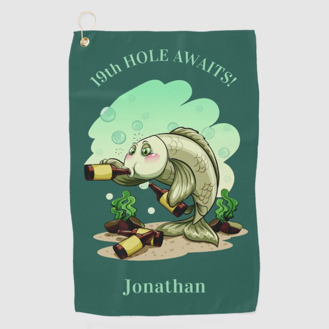 Funny Drinking Fish custom text & colour golf Towel (Front)