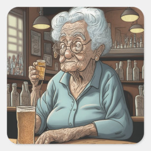 Funny Drinking Humour Old Lady with Beer and Shot Square Sticker