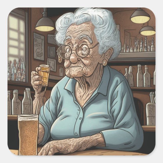 Funny Drinking Humour Old Lady with Beer and Shot Square Sticker (Front)