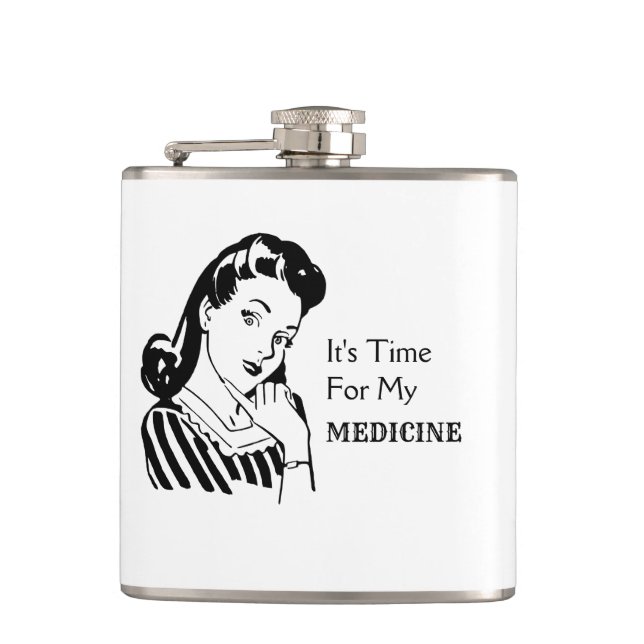 Funny Drinking Quote Retro Woman Time For Medicine Hip Flask (Front)