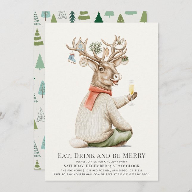 Funny Drinking Reindeer Ornament Christmas Holiday Invitation (Front/Back)