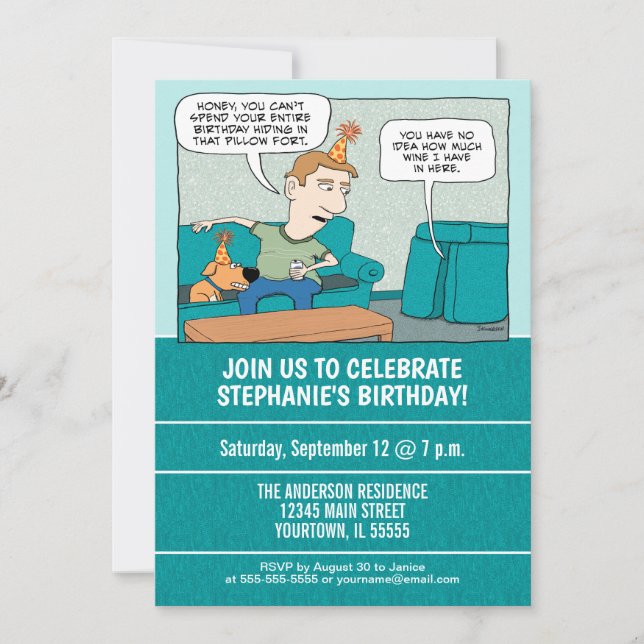 Funny Drinking Wine in Pillow Fort Birthday Party Invitation (Front)