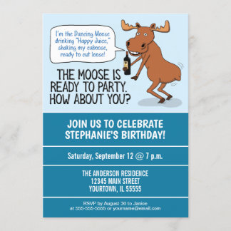 Funny Drunk Dancing Moose Birthday Party Invitation