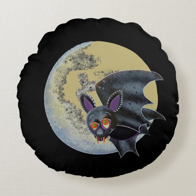 Funny Drunk Halloween Full Moon Bat Round Pillow (Front)