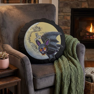 Funny Drunk Halloween Full Moon Bat Round Pillow