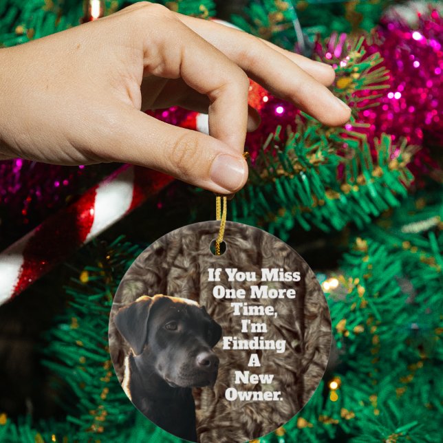 Funny Duck Hunting Chocolate Lab Camo Christmas Ceramic Ornament (Funny hunting dog camo Christmas ornament.)