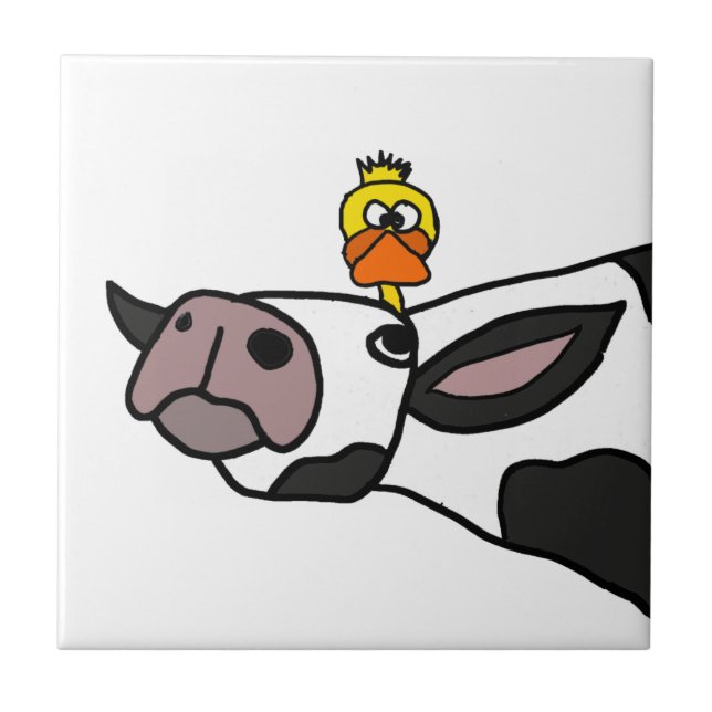 Funny Duck on a Cow Cartoon Tile (Front)