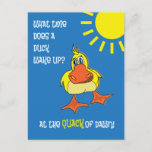 Funny Duck Riddle for Kids Postcard<br><div class="desc">Funny duck riddle for kids postcard. "What time does a duck wake up? At the Quack of dawn!" Cartoon illustrations on a blue background.</div>