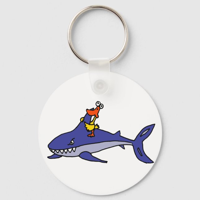 Funny Duck Riding Shark Cartoon Keychain (Front)