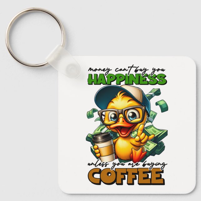 Funny Duck Wearing Glasses Coffee Caption Quote Keychain (Front)
