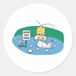 funny duck with hard hat avoiding golf balls classic round sticker