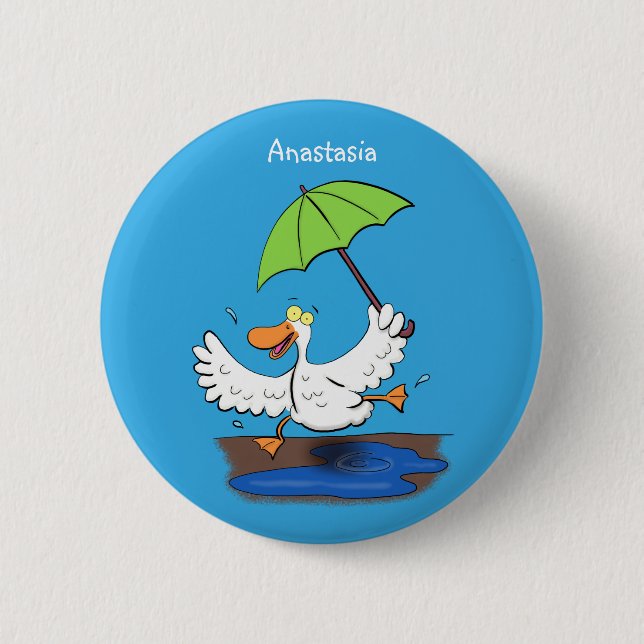Funny duck with umbrella dancing cartoon 2 inch round button (Front)