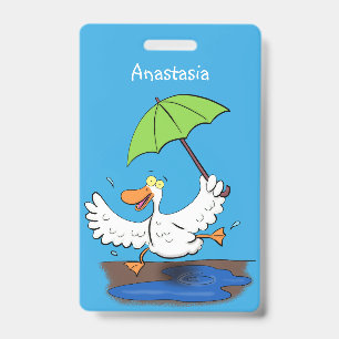 Funny duck with umbrella dancing cartoon badge