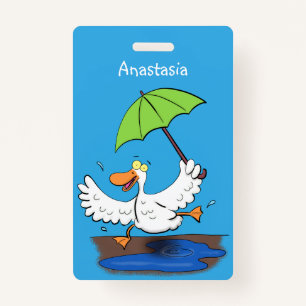 Funny duck with umbrella dancing cartoon badge