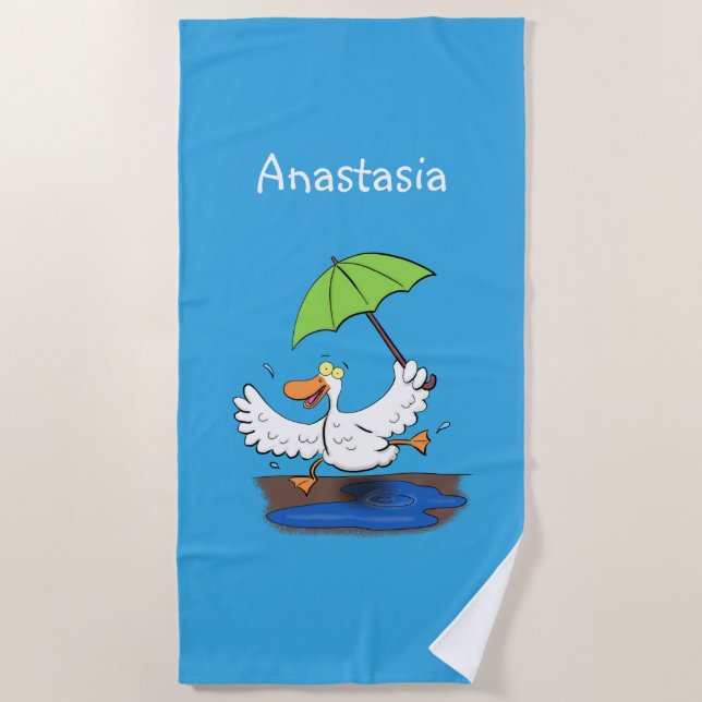 Funny duck with umbrella dancing cartoon beach towel (Front)