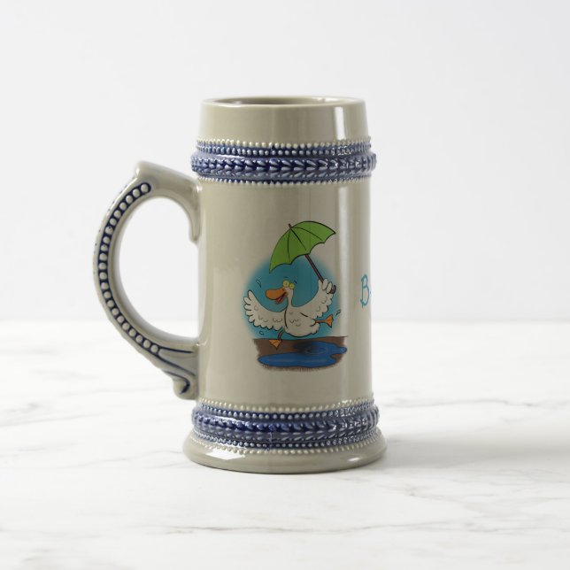 Funny duck with umbrella dancing cartoon beer stein (Left)