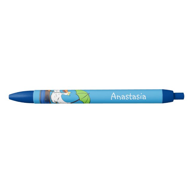 Funny duck with umbrella dancing cartoon black ink pen (Front)