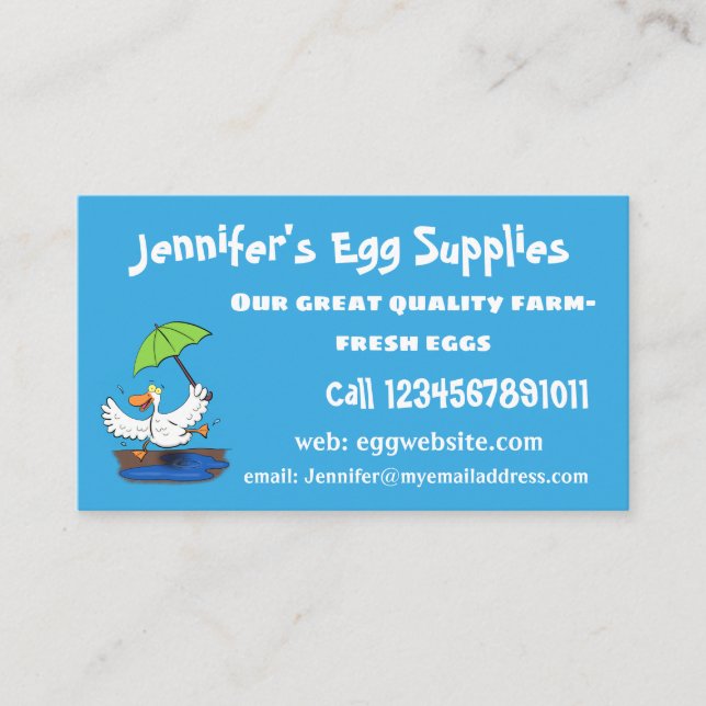 Funny duck with umbrella dancing cartoon business card (Front)