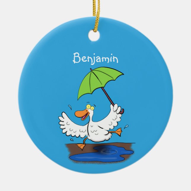 Funny duck with umbrella dancing cartoon ceramic ornament (Front)