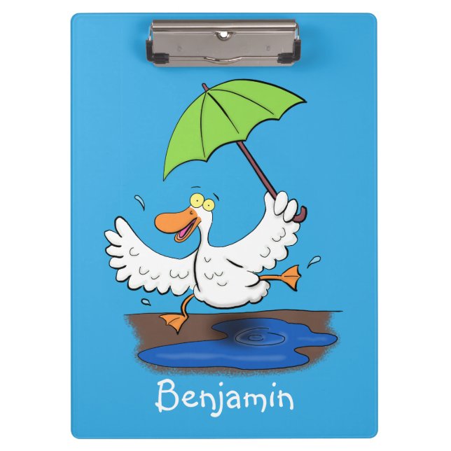 Funny duck with umbrella dancing cartoon clipboard (Front)