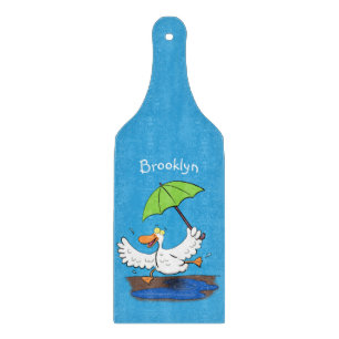 Funny duck with umbrella dancing cartoon cutting board