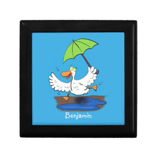 Funny duck with umbrella dancing cartoon gift box