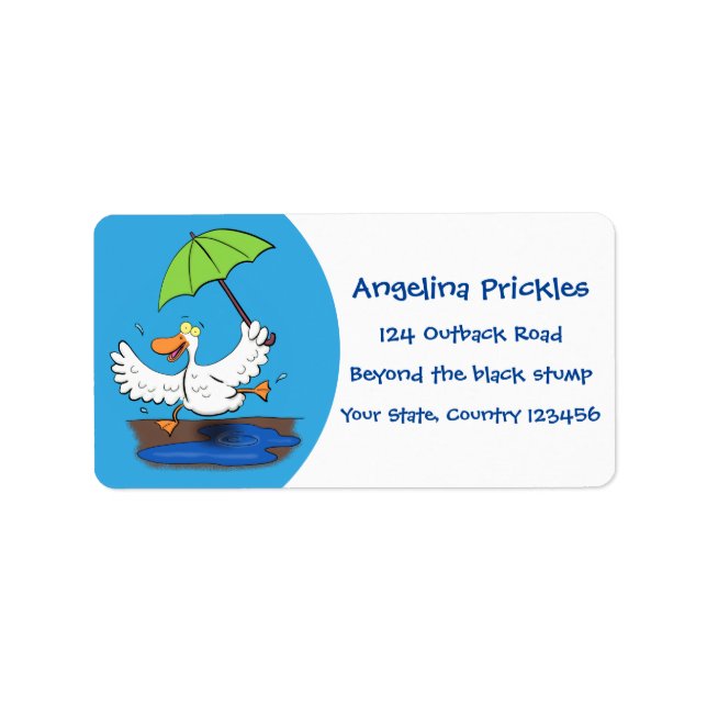 Funny duck with umbrella dancing cartoon label (Front)