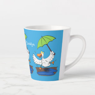 Funny duck with umbrella dancing cartoon latte mug